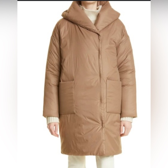 Eileen Fisher Eggshell Nylon Hooded Boxy Puffer Coat M minimalist preppy - Picture 1 of 5
